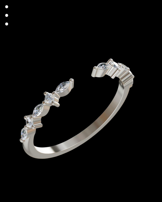 Silver ring with diamond accents on a black background