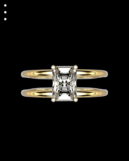 Gold ring with a central diamond on a black background